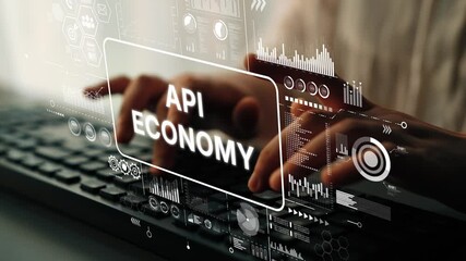 Fototapete - Hands Typing on Keyboard with Overlay of Digital Graphics Representing API Economy and Technology Trends. Asymptotic smart data analytic.