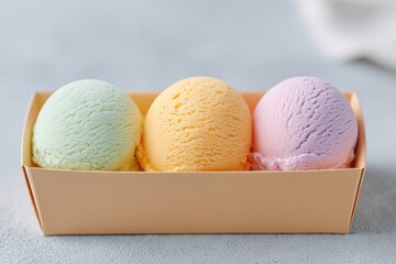 Poster - shot of eco-friendly ice cream takeaway box open to reveal colorful scoops inside