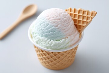 Poster - top view of paper cup ice cream with eco-friendly wafer stick artfully placed