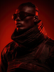 Wall Mural - High-End Menswear in Shadows Against Blue Background – Futuristic Portrait

