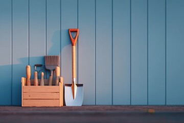 Poster - wide shot of lawn care tools leaning on shed wall
