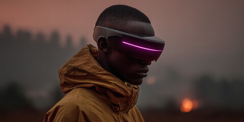 Wall Mural - Cinematic Fashion Editorial of Futuristic Dancer with Purple Mercury Eyes and Glowing Visor

