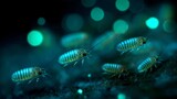 Bioluminescent halocyprid ostracods glowing tropical reef waters tiny crustaceans emitting pulses of green blue light close up marine plankton macro style