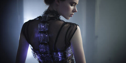Wall Mural - Transparent Energy Rig with Floating Glyph Plates Orbiting Mid-Torso in Icy Violet Light

