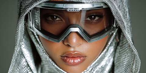 Wall Mural - Futuristic Fashion Portrait of Model in Metallic Techwear and Reflective Goggles