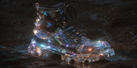 Wall Mural - Hyperreal close-up of a jet-black boot designed with fractal titanium armor plates and gemstone-glass heel core, suspended on a mirrored floor with white ripple reflection. 