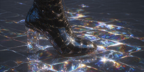 Wall Mural - Hyperreal close-up of a jet-black boot designed with fractal titanium armor plates and gemstone-glass heel core, suspended on a mirrored floor with white ripple reflection. 