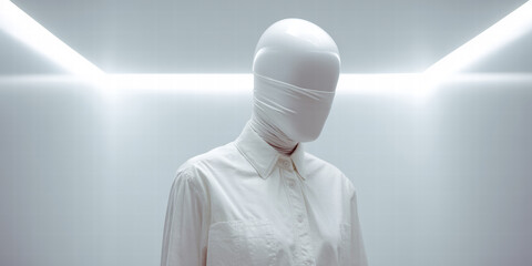 Wall Mural - Model stands in minimal all-white suite wearing a seamless white vinyl mask molded to cover every detail. Light is overhead volumetric, creating diffuse glow. 