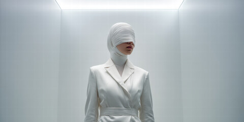 Wall Mural - Model stands in minimal all-white suite wearing a seamless white vinyl mask molded to cover every detail. Light is overhead volumetric, creating diffuse glow. 
