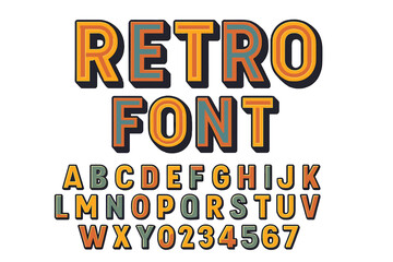 Fototapete - Vintage trendy style typeface featuring a modern vibrant alphabet and numbers in a retro font with various colors in vector format