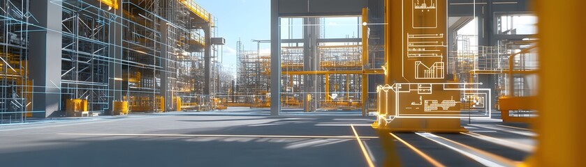 Poster - A modern industrial site featuring advanced machinery and scaffold construction, symbolizing innovation and productivity in the manufacturing sector.