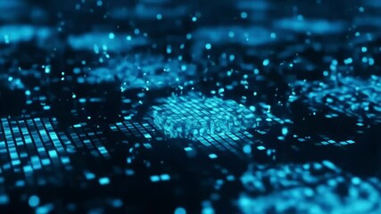 Poster - Abstract blue digital grid with particles and light spots