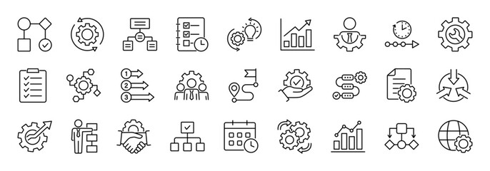 workflow line icon set. included planning, scheme, process, flowchart, progress, management, diagram