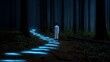 © Auraclicks - Girl following glowing footprints through dark enchanted woods trail formed magical creature bioluminescent light guiding her path