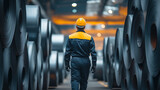 Worker walking between steel coils with cool ambient lighting