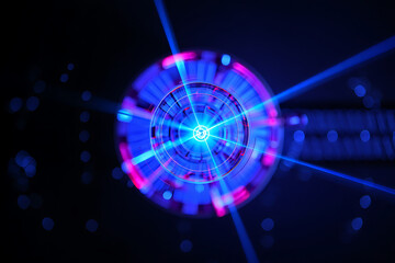 Poster - A futuristic abstract design features a bright blue circle with radiating light beams, symbolizing technological innovation and digital communication