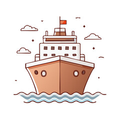 Poster - Cartoon Illustration of a Cruise Ship Sailing on Blue Waves Under Cloudy Skies with Birds