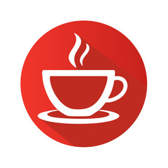 Poster - Steaming Coffee Cup Icon in White on Red Circle Badge with Long Shadow Detail Vector