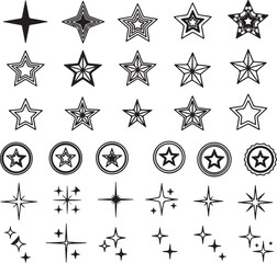 Poster - Collection of Star Illustrations Depicting Various Styles From Solid Shapes to Outlines Circles and Burst Designs For Decorative Applications