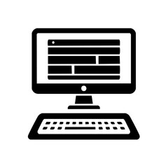 Leinwandbilder - Black and white graphic icon of personal computer with screen and keyboard for digital work and communication, flat design