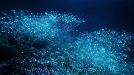 Poster - Glowing polygonal fish swimming together in a dark blue ocean, connected by lines forming a network, symbolizing innovation and technological advancement in the marine world
