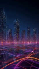 Aufkleber - Futuristic cityscape with illuminated skyscrapers reflecting on still water, dynamic light trails weaving through scene representing digital energy and urban innovation