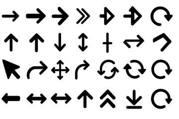Fototapete - Big set of black arrow icons. Vector collection of different arrow symbols. Flat design elements for web, UI, UX. Navigation, download, upload, refresh signs and pointers.