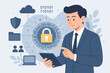 © Lena - Cyber security data protection concept. Businessman protecting business information with encryption. Network security technology with padlock, shield and cloud computing vector.