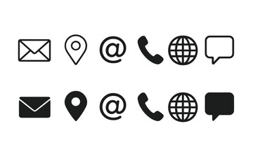 Fototapete - Web contact icon set. Line and solid style pictograms for business card or website. Communication symbols for address, location, email, phone, internet and message.