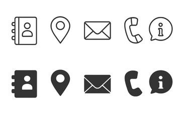Fototapete - Contact us icon set in line and solid styles. Web icons for business communication. Address book, location pin, email envelope, phone call, and information symbol collection.