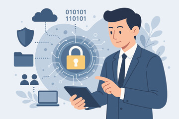 Cyber security data protection concept. Businessman protecting business information with encryption. Network security technology with padlock, shield and cloud computing vector.