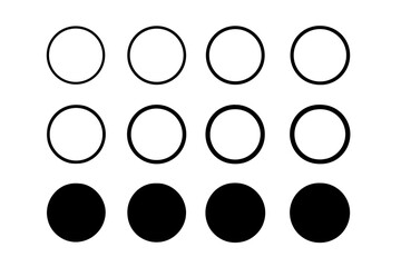 Fototapete - Set of black circles with different line weights. Geometric icon collection showing thin, thick, and filled round shapes. Minimalist vector design elements for web or app.