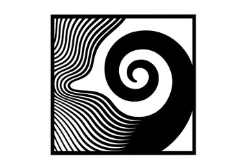 Poster - Halftone lines and waves in square frame, modern abstract shapes with spiral black form, black and white vector background, geometric design, optical illusion art