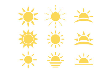 Poster - sun icon set, solar symbol collection, sunshine and sunrise vector, summer sunlight, sunset minimali