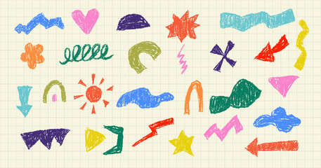 Leinwandbilder - Abstract hand drawn shape with crayon pencil texture on paper. Funky kids sticker drawn with chalk in retro colors