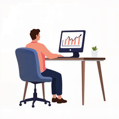 Poster - Man working at desk while analyzing graphs on computer screen  