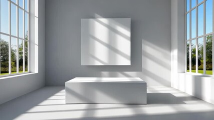 Poster - Empty gallery space: This image captures a serene gallery space, bathed in natural light from large windows that frame a glimpse of the outside world. The clean.