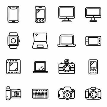 Devices vector icon set: mobile, computer, laptop, camera, smart watch, keyboard, tablet, and more icons