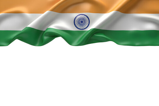 The Indian flag waves gracefully in a three dimensional render, showcasing its vibrant colors and the iconic Ashoka Chakra with copy space