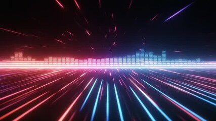 Poster - Colorful equalizer bars pulse with light beams shooting outwards dynamic energy digital abstract sound visualization moving