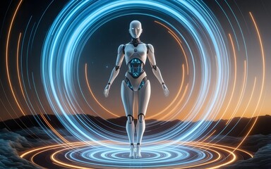 Poster - Futuristic cyborg figure standing gracefully amid swirling radiant energy rings and a blurred landscape setting.