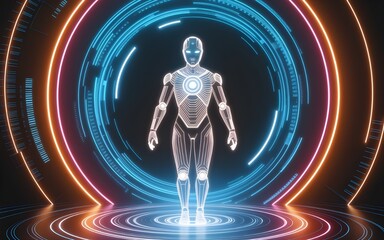 Poster - Futuristic robot stands illuminated within glowing circles, embodying artificial intelligence and modern technology.