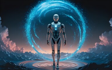 Poster - A humanoid robot strides through a futuristic landscape with swirling blue energy in a science fiction atmosphere.