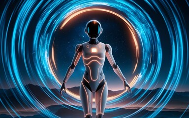 Poster - Futuristic robot stands before a swirling portal, blending technology with cosmic elements and suggesting a gateway to another dimension.