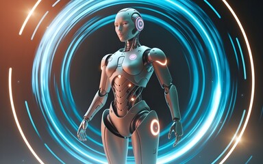 Poster - Futuristic android stands gracefully within a glowing portal of light and energy in a conceptual tech artwork