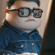 © aan - Beluga cartoon web developer in jean jacket and glasses, close-up left, hyper-realistic texture