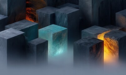 Leinwandbilder - Glowing stone blocks arranged in isometric projection on dark background create abstract