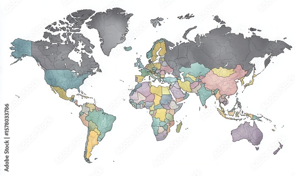 Colorful political map displaying different countries and continents ...