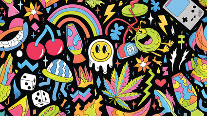 Naklejka na meble Psychedelic 70s Retro Style Colorful Doodle Pattern with Lava Lamp Cherries Smiley Face