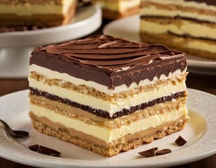 Wall Mural - chocolate eclair cake with graham cracker layers and vanilla pudding filling on a plate